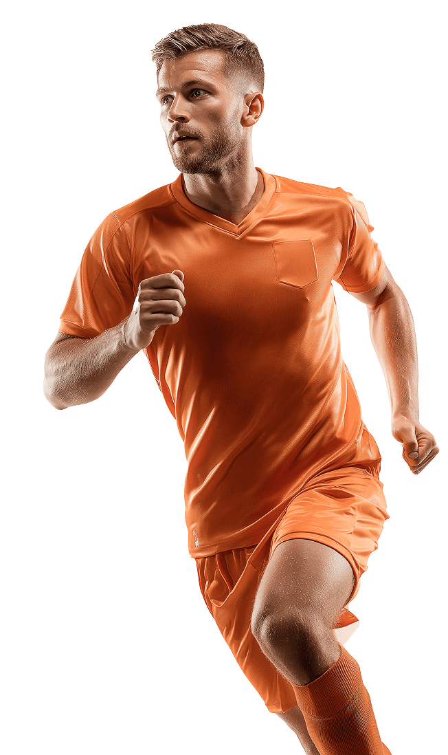 A man in an orange jersey running, demonstrating physical fitness.